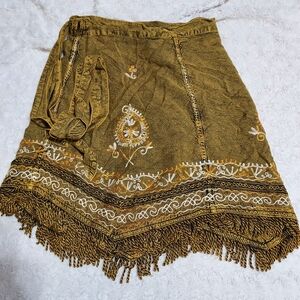 Bohemian Zari Embroidered Wrap Fringe Skirt Festival Hippie Boho Whimsigoth